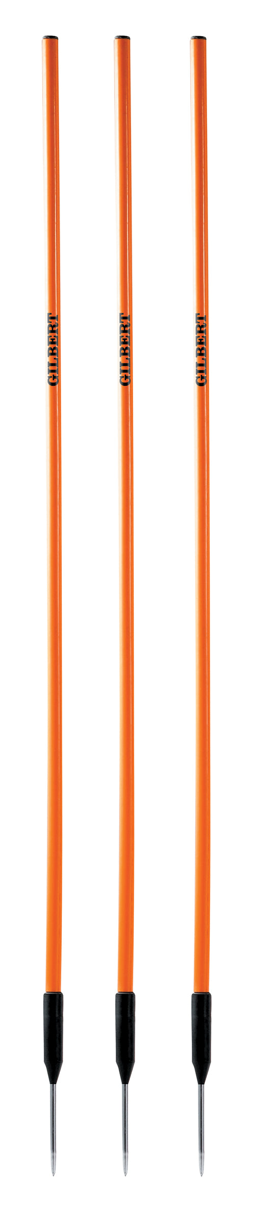Twelve Gilbert Agility Posts from the brand Gilbert, standing upright side by side against a white background, resembling agility poles.