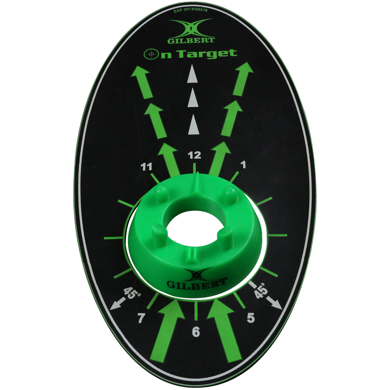 The Gilbert Kicking Mat by Gilbert is an oval-shaped black and green mat with white arrows, degree markings, and a green circular centerpiece designed to help improve rugby kicking accuracy during training.