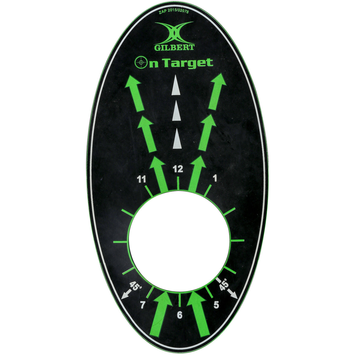 The Gilbert Kicking Mat by Gilbert is a black oval training target with a large central hole. Green and white arrows and numbers (1–12, 4.5°, 6°, 11°) around the hole help improve rugby training and kicking accuracy.