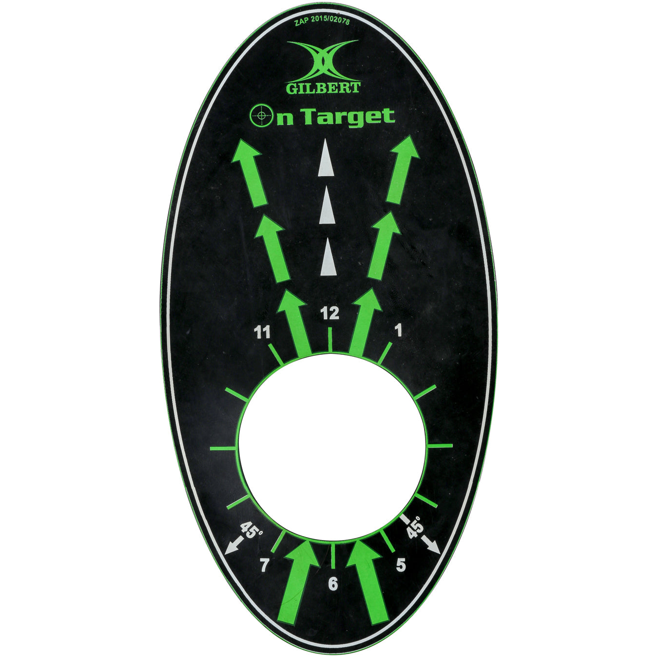 The Gilbert Kicking Mat by Gilbert is a black oval training target with a large central hole. Green and white arrows and numbers (1–12, 4.5°, 6°, 11°) around the hole help improve rugby training and kicking accuracy.