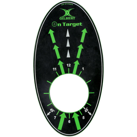 The Gilbert Kicking Mat by Gilbert is a black oval training target with a large central hole. Green and white arrows and numbers (1–12, 4.5°, 6°, 11°) around the hole help improve rugby training and kicking accuracy.