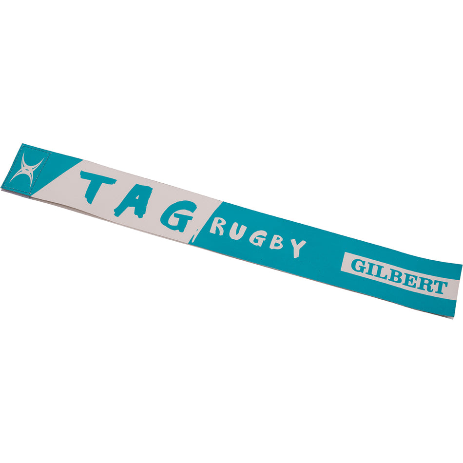 The Gilbert Tag Rugby Belt by Gilbert, in blue, is ideal as a training aid for non-contact games, featuring bold branding for easy identification.