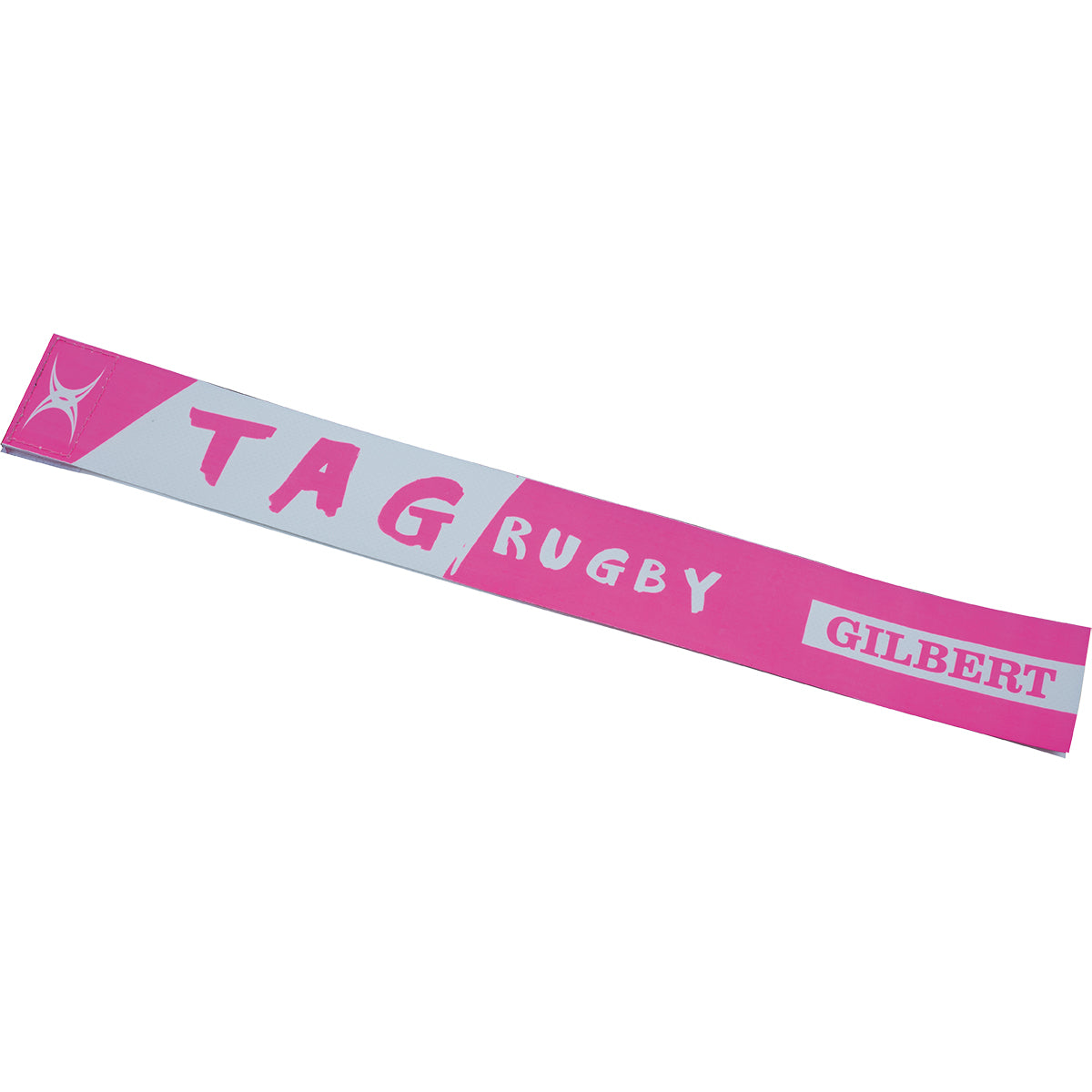 The Gilbert Tag Rugby Belt by Gilbert is a pink and white rectangular strip featuring TAG RUGBY and GILBERT print with a small logo on the left end—ideal as a training aid for non-contact tag rugby games.