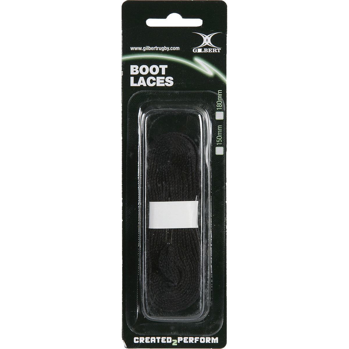 A black pack of Gilbert Boot Laces is coiled with a white band in a clear window. The packaging displays "BOOT LACES," size 150mm/180mm, and the slogan "Created to Perform." Brand: Gilbert.