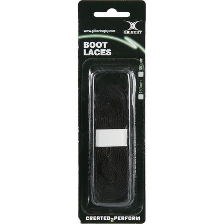A black pack of Gilbert Boot Laces is coiled with a white band in a clear window. The packaging displays "BOOT LACES," size 150mm/180mm, and the slogan "Created to Perform." Brand: Gilbert.