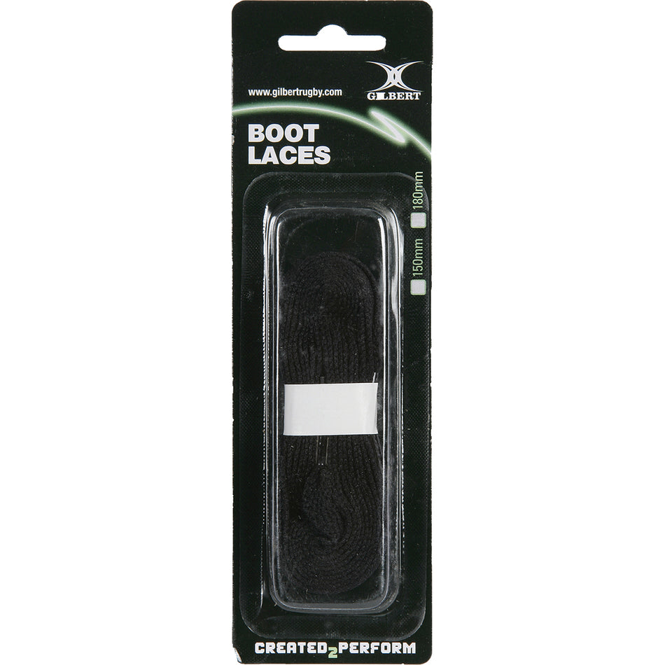 A black pack of Gilbert Boot Laces is coiled with a white band in a clear window. The packaging displays "BOOT LACES," size 150mm/180mm, and the slogan "Created to Perform." Brand: Gilbert.