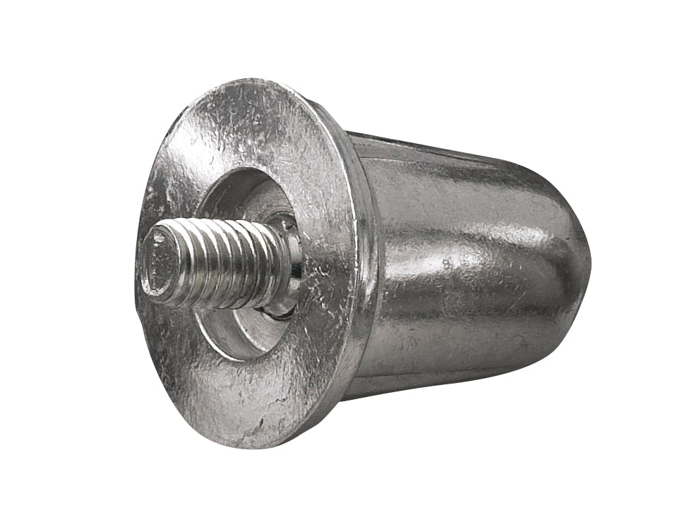 A close-up of a Gilbert Aluminium Stud from the Gilbert Aluminium Studs Blister Pack, featuring a wide flange and threaded tip, shown against a white background.