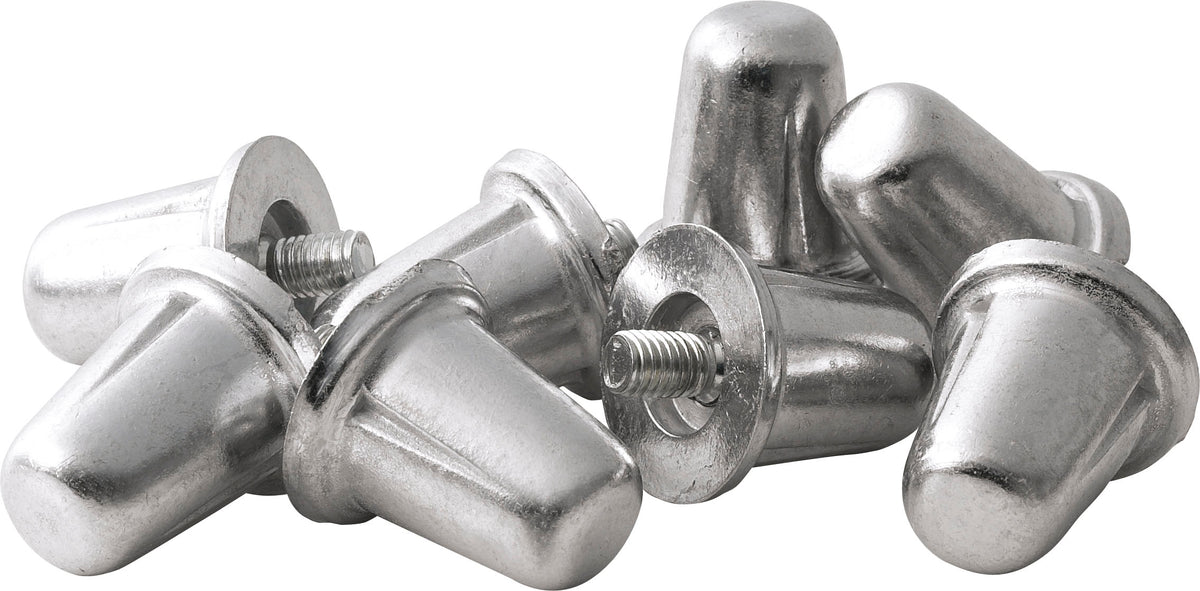 A pack of Gilbert Aluminium Studs (100 Pack) by Gilbert, featuring shiny silver aluminium studs with threaded bases, is scattered on a white background.