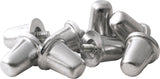 A pack of Gilbert Aluminium Studs (100 Pack) by Gilbert, featuring shiny silver aluminium studs with threaded bases, is scattered on a white background.