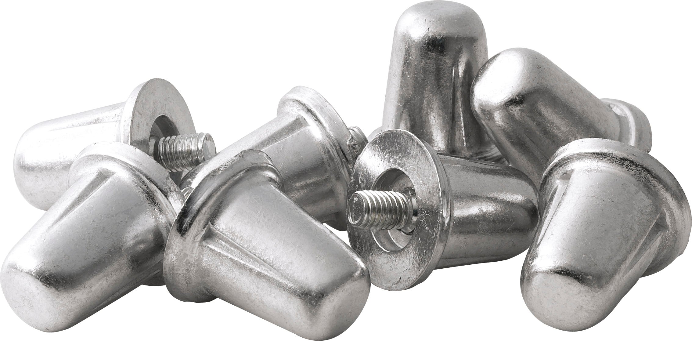 A pack of Gilbert Aluminium Studs (100 Pack) by Gilbert, featuring shiny silver aluminium studs with threaded bases, is scattered on a white background.