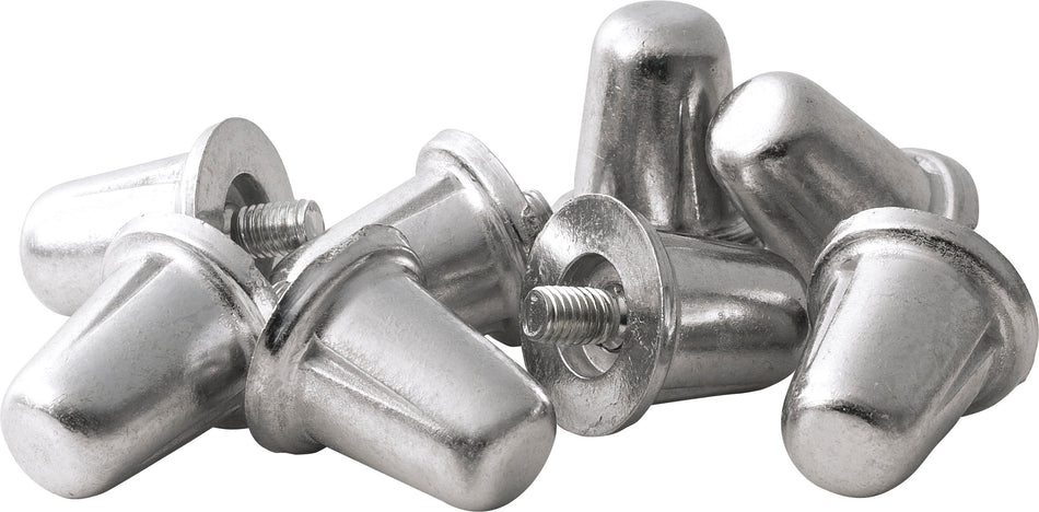 A pack of Gilbert Aluminium Studs (100 Pack) by Gilbert, featuring shiny silver aluminium studs with threaded bases, is scattered on a white background.