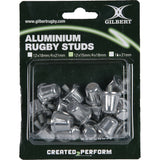 The Gilbert Aluminium Studs Blister Pack features IRB RFU-approved aluminium studs, neatly arranged in a clear case with multiple sizes displayed on a black and green backing card.
