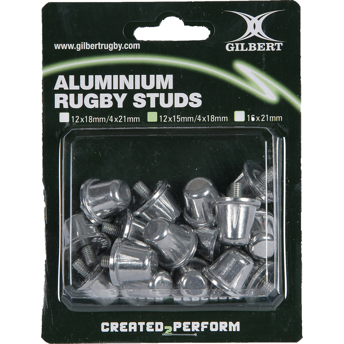 The Gilbert Aluminium Studs Blister Pack features IRB RFU-approved aluminium studs, neatly arranged in a clear case with multiple sizes displayed on a black and green backing card.