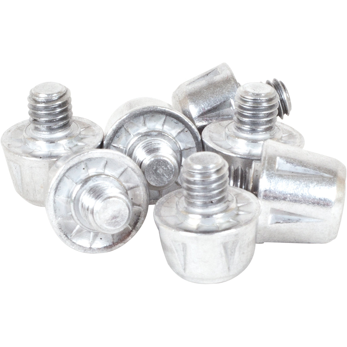 Six Gilbert Prolite Studs by Gilbert, featuring silver metal bodies, hexagonal heads, and 14mm threaded ends, are grouped on a white background—some standing upright, others lying on their sides.