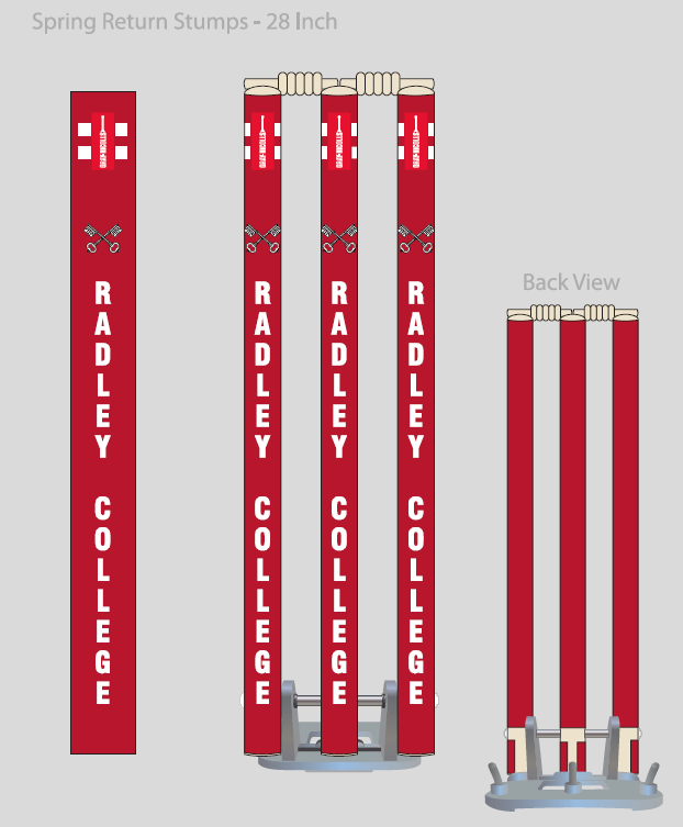 Front and back views of red Gray Nicolls Custom Printed Spring Back Stumps, featuring RADLEY COLLEGE in vertical white text, silver bases, and white bails; ideal cricket training stumps.