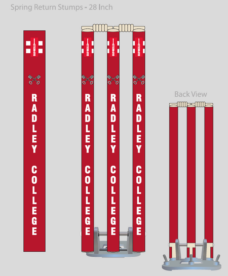 Front and back views of red Gray Nicolls Custom Printed Spring Back Stumps, featuring RADLEY COLLEGE in vertical white text, silver bases, and white bails; ideal cricket training stumps.
