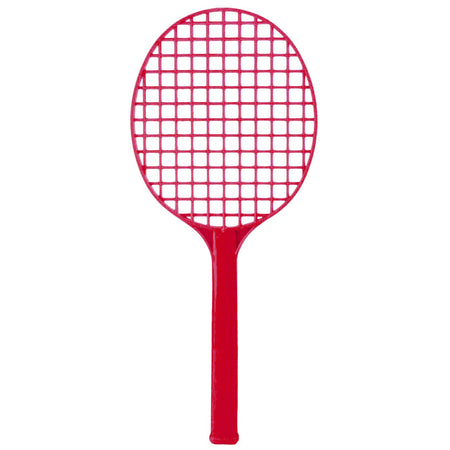 The Reydon Sports Primary Tennis Racket is a lightweight red plastic racket with a grid-patterned head and solid handle, shown against a white background.