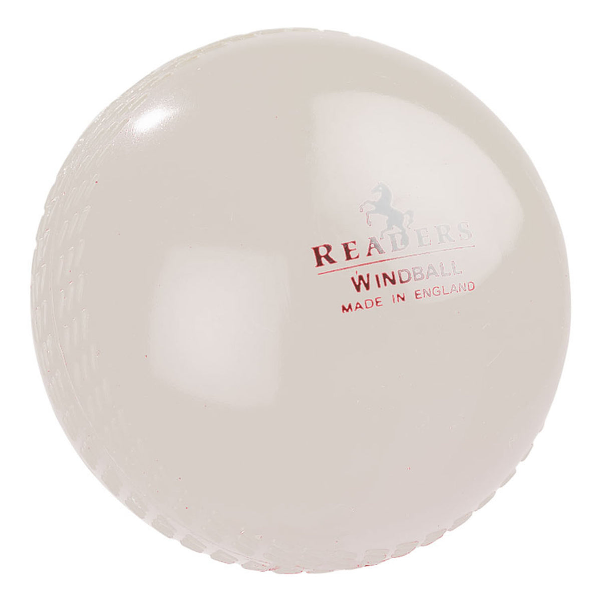 The Readers Windball by Readers is a glossy, seam-lined white coaching cricket ball with "Windball Made in England" printed in red, perfect for Kwik Cricket and practice sessions.