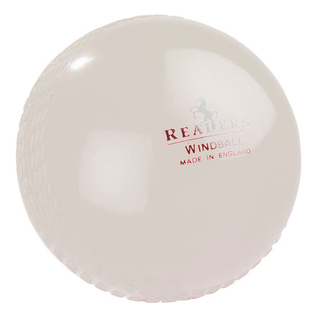 The Readers Windball by Readers is a glossy, seam-lined white coaching cricket ball with "Windball Made in England" printed in red, perfect for Kwik Cricket and practice sessions.