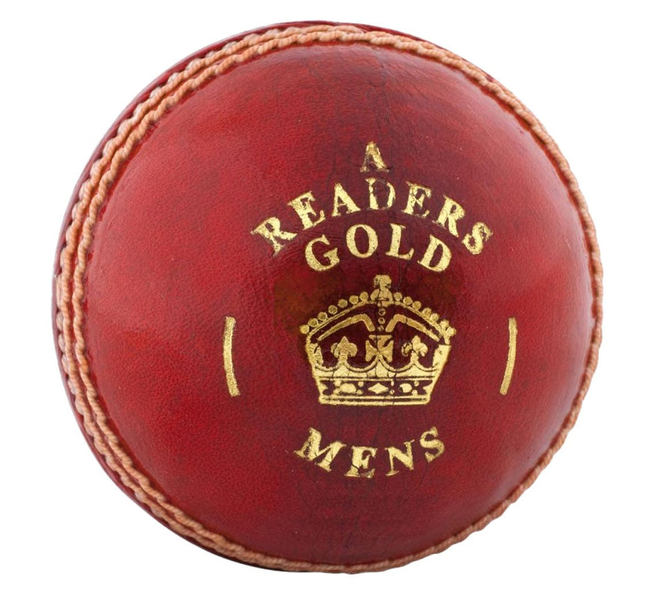 The Readers Gold A Cricket Ball by Readers is a red leather, hand-stitched club match ball featuring gold "A READERS GOLD MENS" lettering and a crown image at the center, with visible stitches and seam.