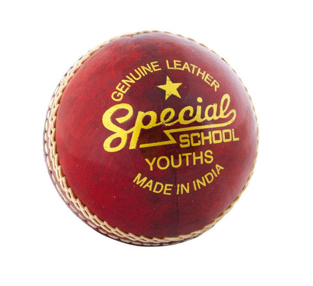 The Readers Special Schools Cricket Ball is a red leather youth ball with white stitching and gold text, featuring "Genuine Leather Special School Youths Made in India" by the brand Readers.