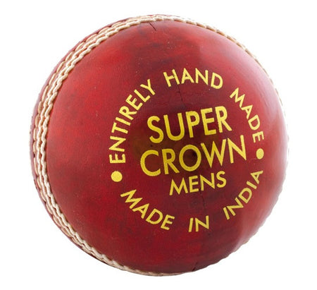 The Readers Super Crown Cricket Ball (Senior) by Readers is a red leather cricket ball with white hand-stitched seams and gold text stating "ENTIRELY HAND MADE SUPER CROWN MENS MADE IN INDIA.