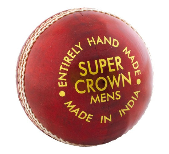 The Readers Super Crown Cricket Ball (Senior) by Readers is a red leather cricket ball with white hand-stitched seams and gold text stating "ENTIRELY HAND MADE SUPER CROWN MENS MADE IN INDIA.