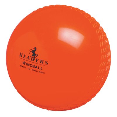 The Readers Windball is a bright orange coaching cricket ball with a textured seam and "Readers" printed in black, ideal for Kwik Cricket practice.