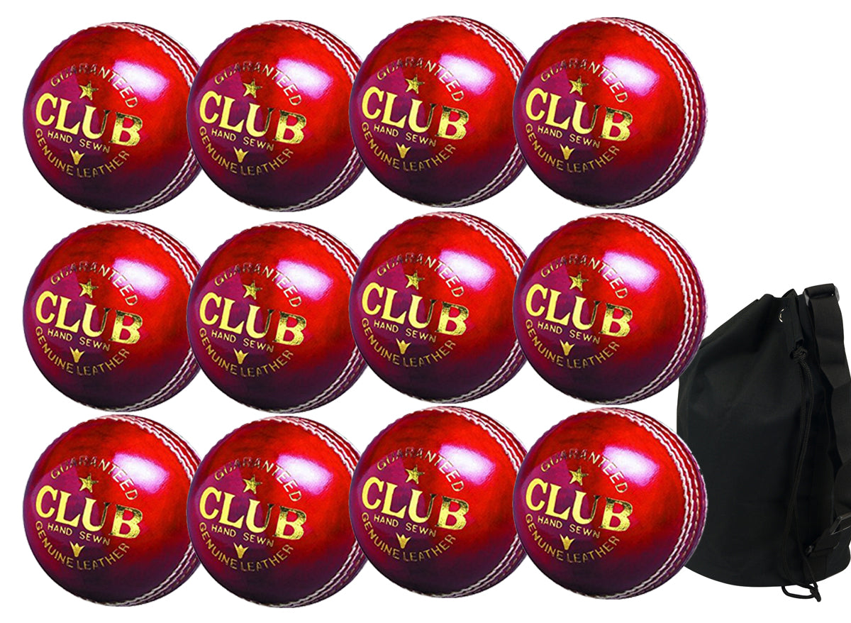 Twelve Readers Club Ball Senior Red cricket balls by Readers are neatly arranged in rows, with a black ball bag placed to their right.