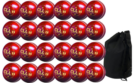 Twenty-four Readers Club Ball Senior red cricket balls, arranged in a grid by a black ball bag. Each ball is branded "Club" in gold text.