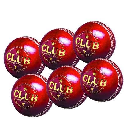 Six Readers Club Ball Senior Red cricket balls, featuring gold CLUB branding and "Guaranteed, Hand Sewn, Genuine Leather" text, are displayed together—a perfect choice for your senior cricket game. Pack of 6. Brand: Readers.
