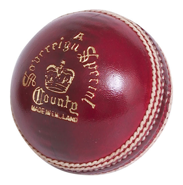 The Readers Sovereign A Cricket Ball is a red, hand-stitched ball made from English alum-tanned leather, with white stitching, gold "Sovereign Special County Made in England" text, and a crown emblem. Brand: Readers.