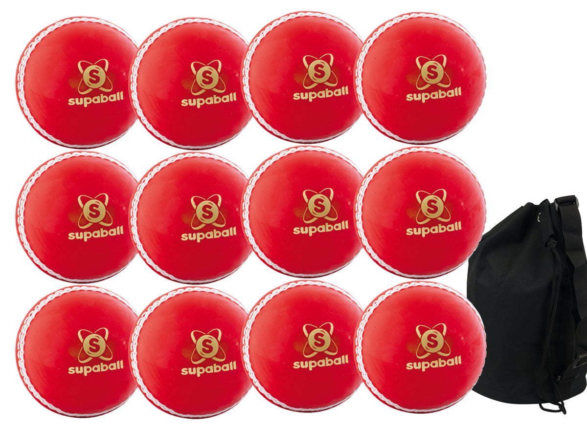 The Readers Supaball 12 Pack With Ball Bag by Readers includes twelve red training cricket balls with white stitching, arranged in four rows and a black bag, perfect for Kwik Cricket sessions or practice matches.