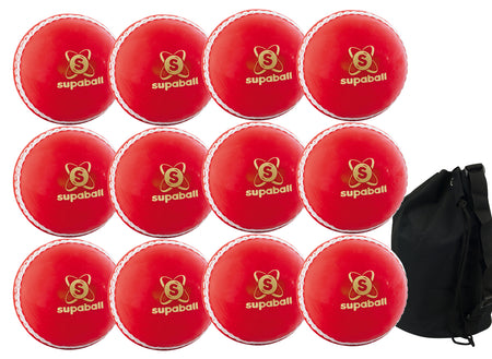 The Readers Supaball 12 Pack With Ball Bag by Readers includes twelve red training cricket balls with white stitching, arranged in four rows and a black bag, perfect for Kwik Cricket sessions or practice matches.