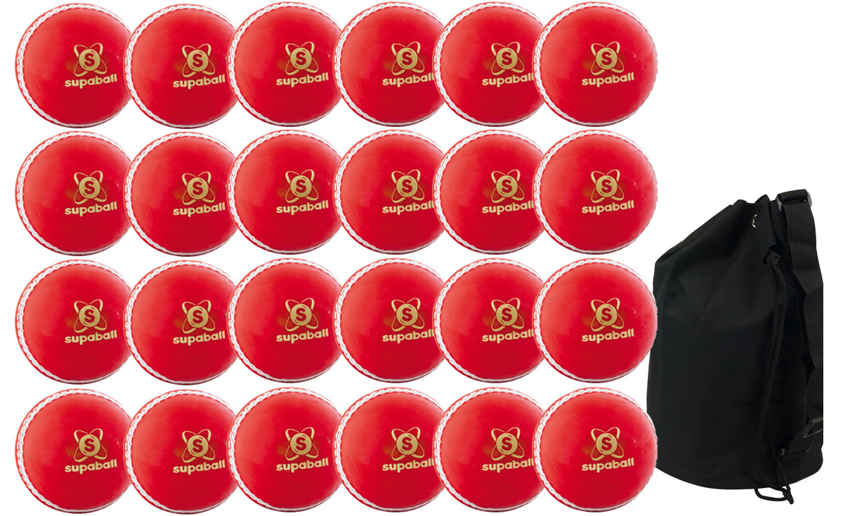 The Readers Supaball 24 Pack With Ball Bag includes 24 red training balls from Readers, neatly arranged and supplied with a large black carrying bag—perfect for Kwik Cricket practice.