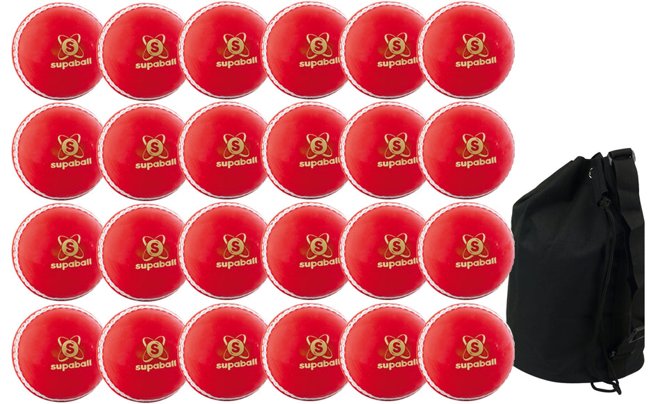 The Readers Supaball 24 Pack With Ball Bag includes 24 red training balls from Readers, neatly arranged and supplied with a large black carrying bag—perfect for Kwik Cricket practice.