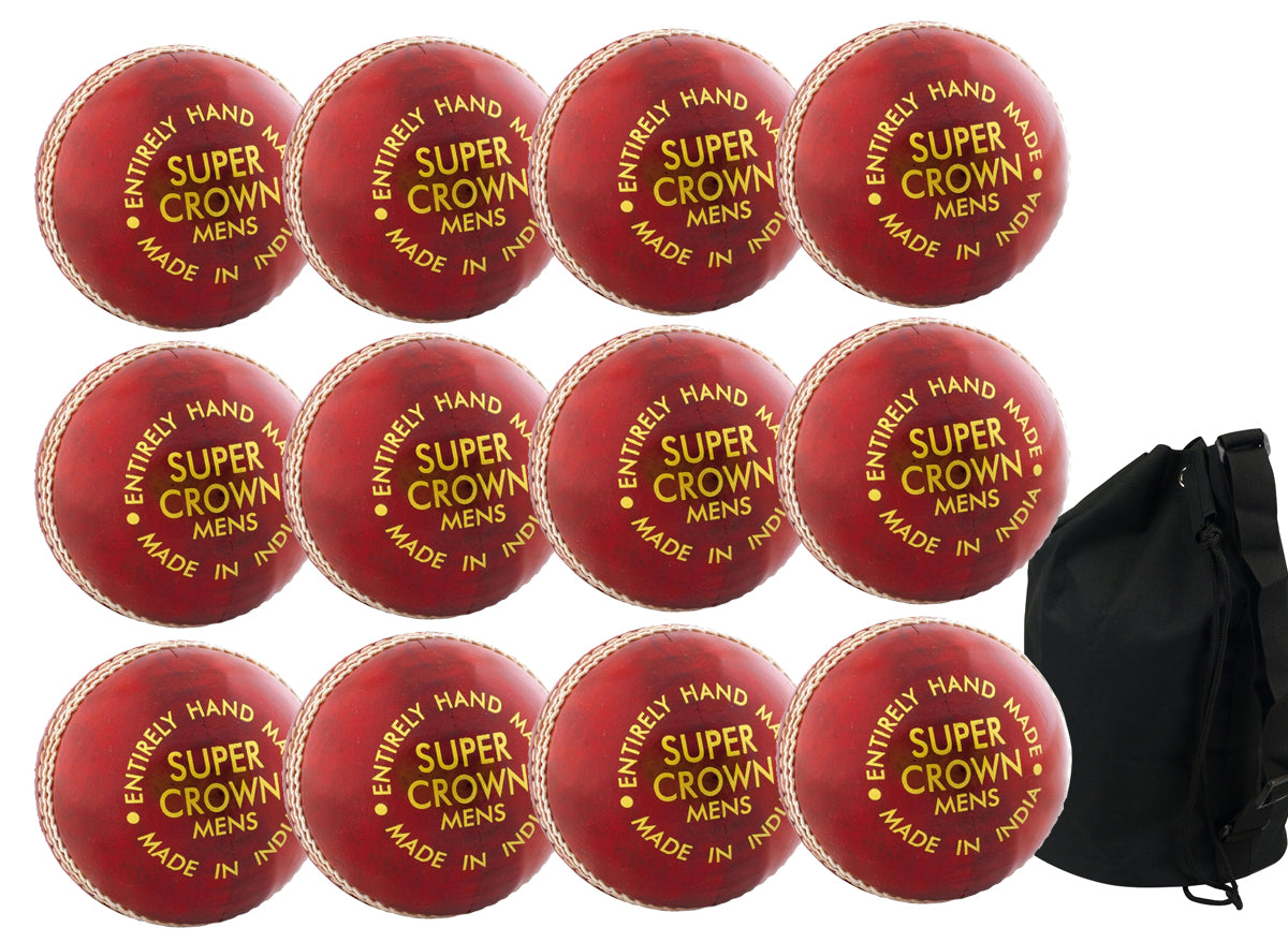 A 12-pack of Readers Super Crown Senior red cricket balls, all hand-stitched and handmade in India, is arranged in rows with a black ball bag to the right.