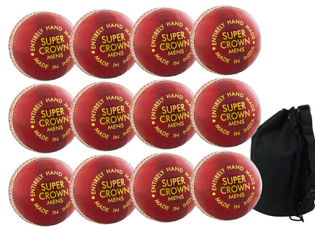 A 12-pack of Readers Super Crown Senior red cricket balls, all hand-stitched and handmade in India, is arranged in rows with a black ball bag to the right.