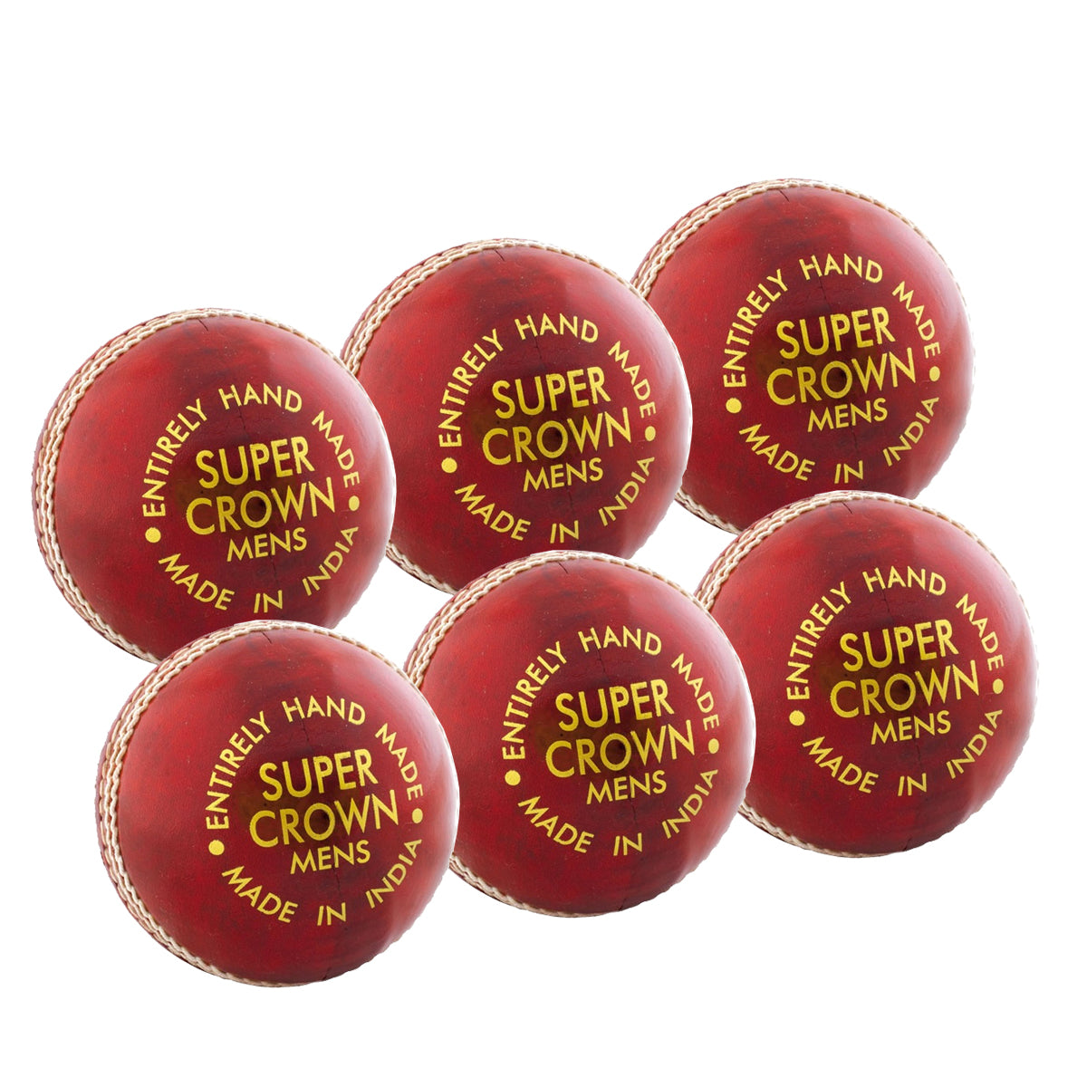 Six red Readers Super Crown Junior cricket balls with white stitching are arranged in a cluster. Each ball is hand stitched and labeled "Entirely Hand Made Super Crown Junior Made in India" in yellow text. Brand: Readers.