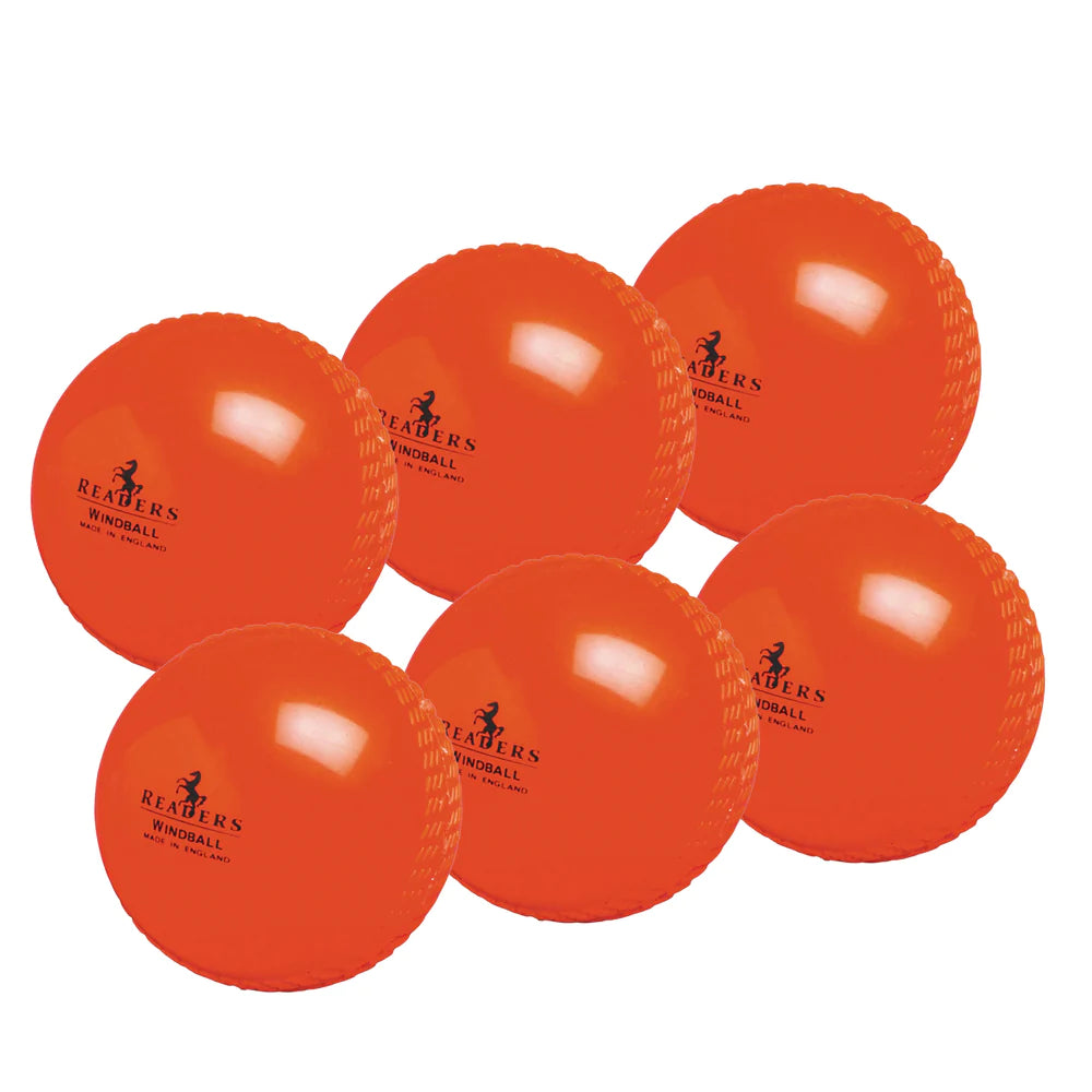 The Readers Windball 6 Pack features six glossy orange training balls with the Readers logo, perfect for cricket coaching sessions.