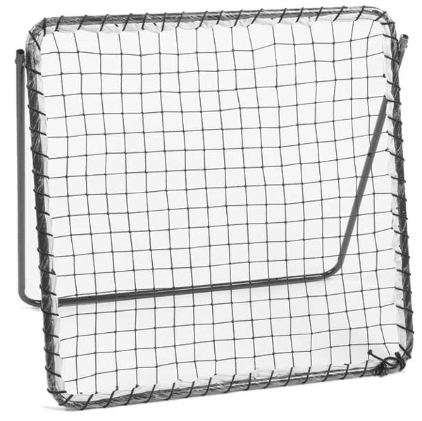 The Hunts County Rebound Net by Hunts County is a square cricket training tool with a sturdy metal frame, angled supports for stability, and tightly stretched black netting for practicing ball throws and returns.