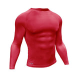 The Precision Training Essential Baselayer Long Sleeve Shirt for adults is shown in bright red on a white background. Its form-fitting design emphasizes a muscular torso, with only a small label near the hem and no other visible logos or designs.