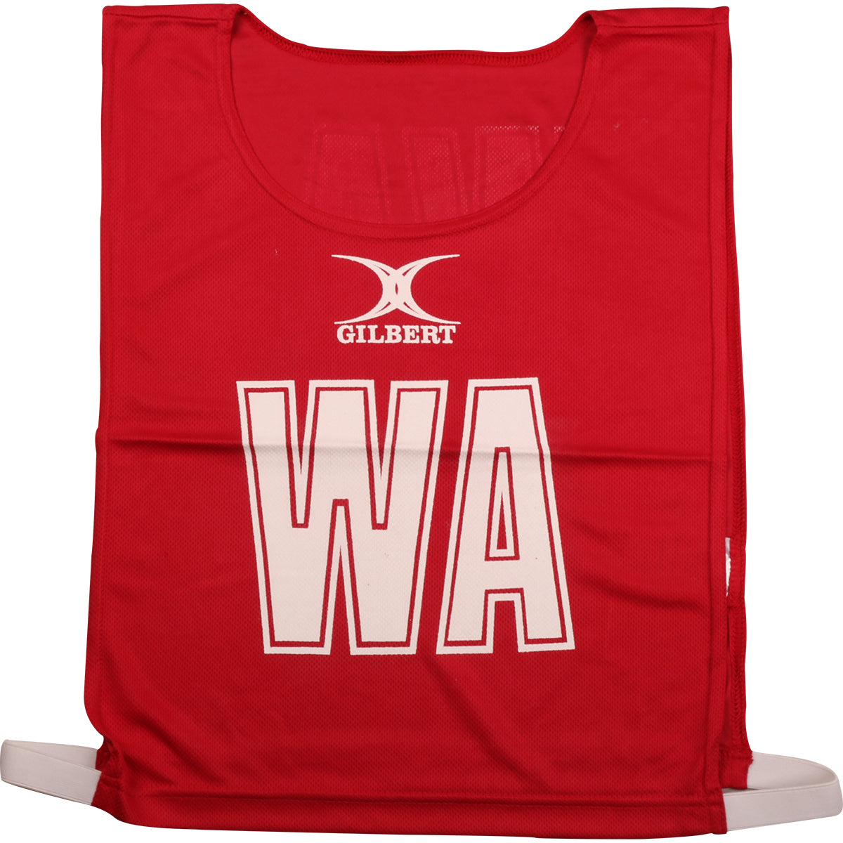 The Gilbert Netball Bibs in red feature bold white "WA" lettering on the front and are made from breathable polyester—an ideal, high-quality addition to your netball kit.