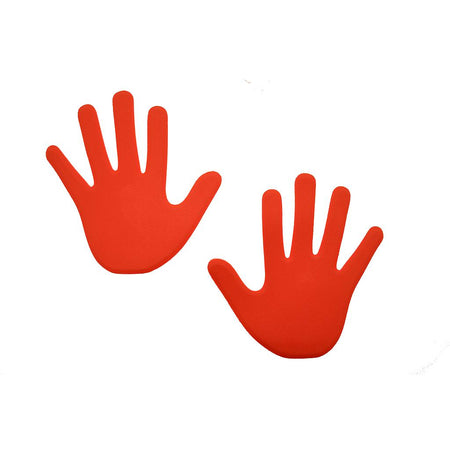 Reydon Sports Hand Floor Marker (Pack of 6) features two flat, red, hand-shaped cutouts—one left and one right—ideal for use as floor or pathway markers, shown against a white background.