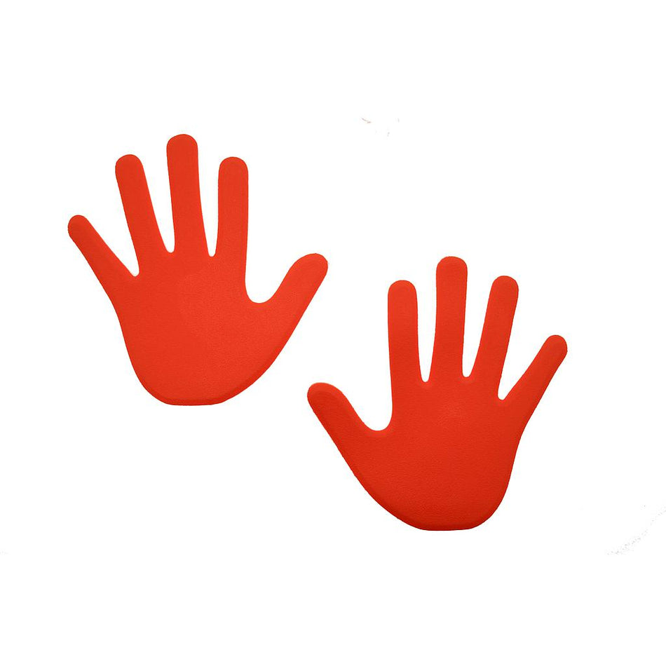Reydon Sports Hand Floor Marker (Pack of 6) features two flat, red, hand-shaped cutouts—one left and one right—ideal for use as floor or pathway markers, shown against a white background.