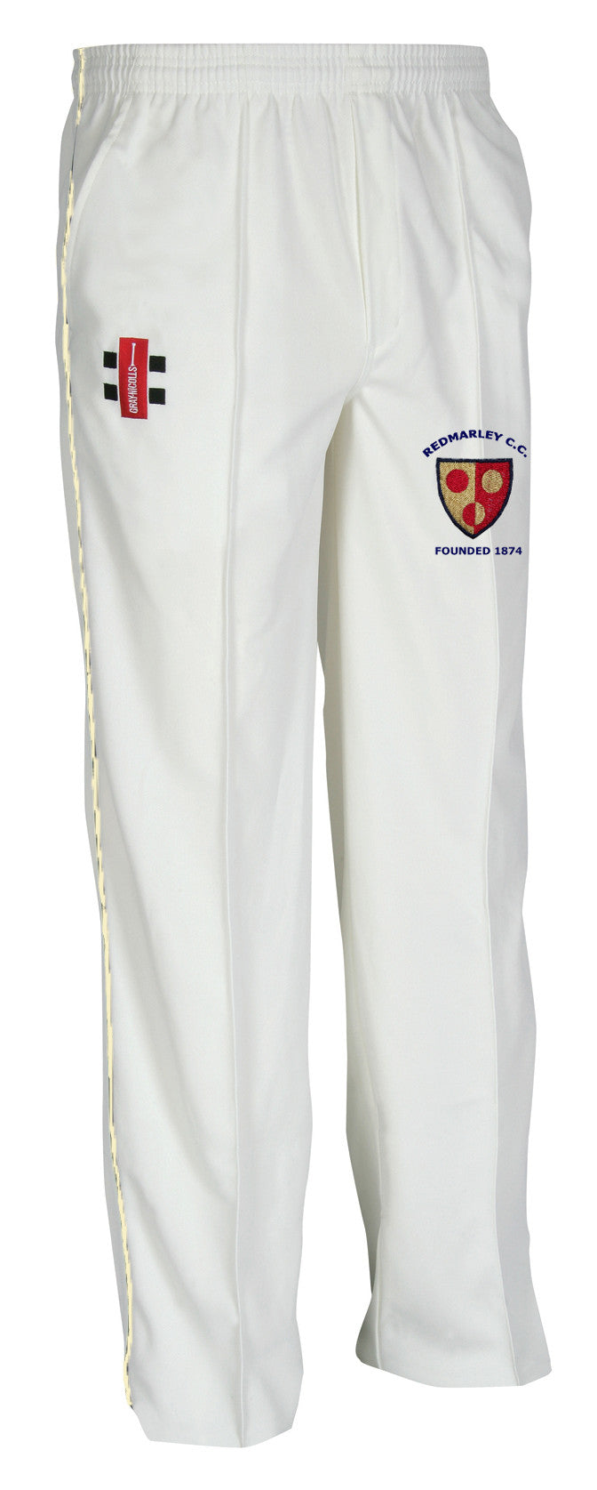 The Gray Nicolls Redmarley CC Matrix V2 Cricket Trouser features an elastic waistband, tapered fit, and two embroidered patches: a red logo with black stripes, and the Rusharley C.C. crest with "Founded 1874.