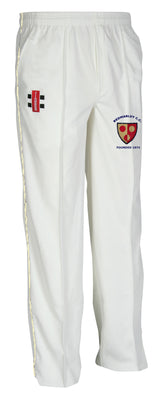 The Gray Nicolls Redmarley CC Matrix V2 Cricket Trouser features an elastic waistband, tapered fit, and two embroidered patches: a red logo with black stripes, and the Rusharley C.C. crest with "Founded 1874.