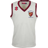 The Gray Nicolls Redmarley CC Pro Performance Slipover is a sleeveless white bonded slipover with maroon trim, displaying the Redmarley C.C. crest, "Founded 1874" on the left chest, and two small front logos for comfort and style.