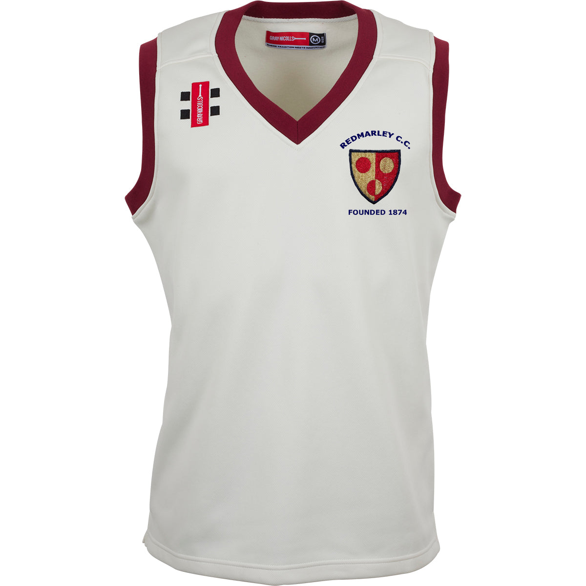 The Gray Nicolls Redmarley CC Pro Performance Slipover is a sleeveless white bonded slipover with maroon trim, displaying the Redmarley C.C. crest, "Founded 1874" on the left chest, and two small front logos for comfort and style.