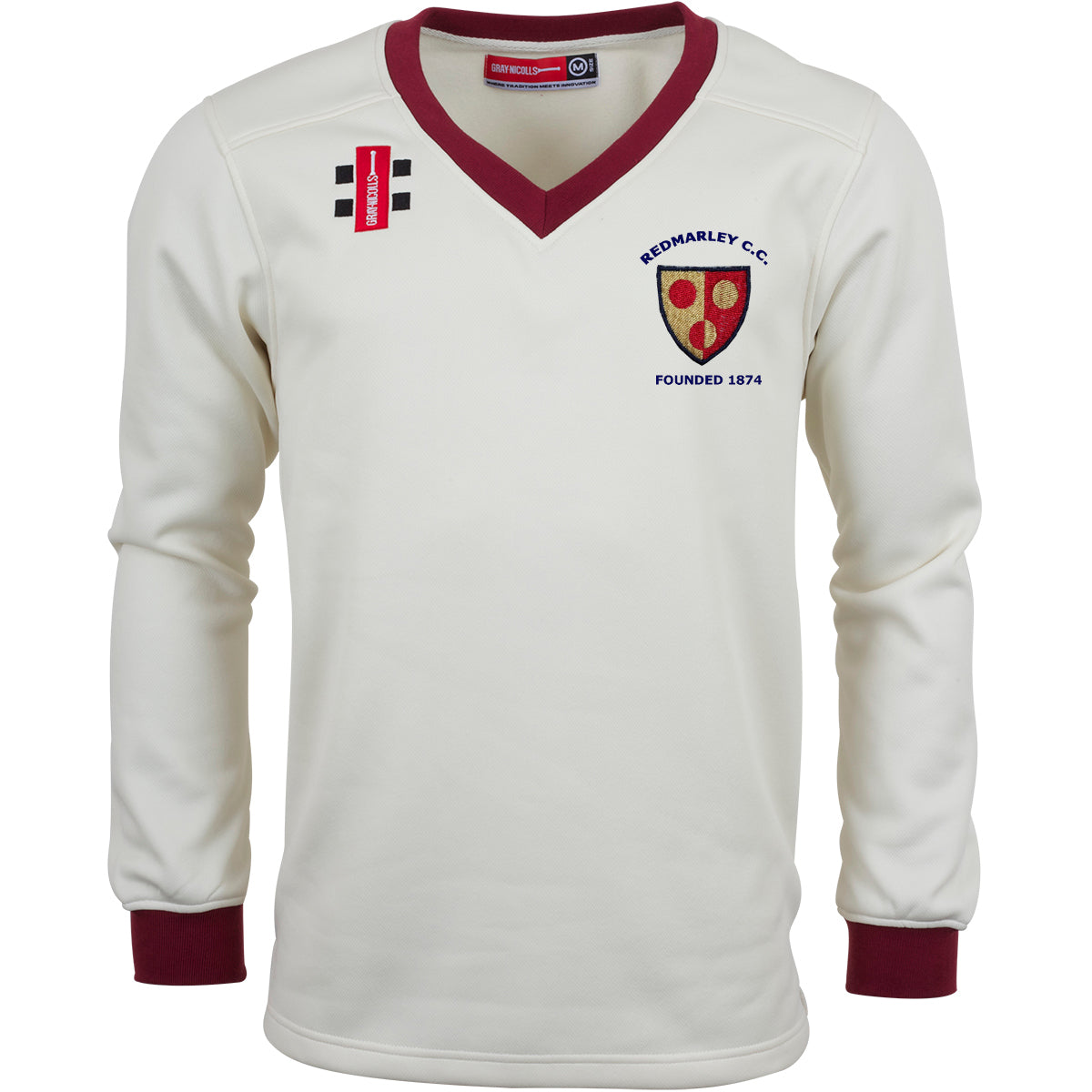 The Gray Nicolls Redmarley CC Pro Performance Sweater is a white, long-sleeve fleece with maroon cuffs and collar, club logo embroidery—REDMARLEY C.C. FOUNDED 1874—and black/red chest and shoulder patches, designed for lightweight comfort.
